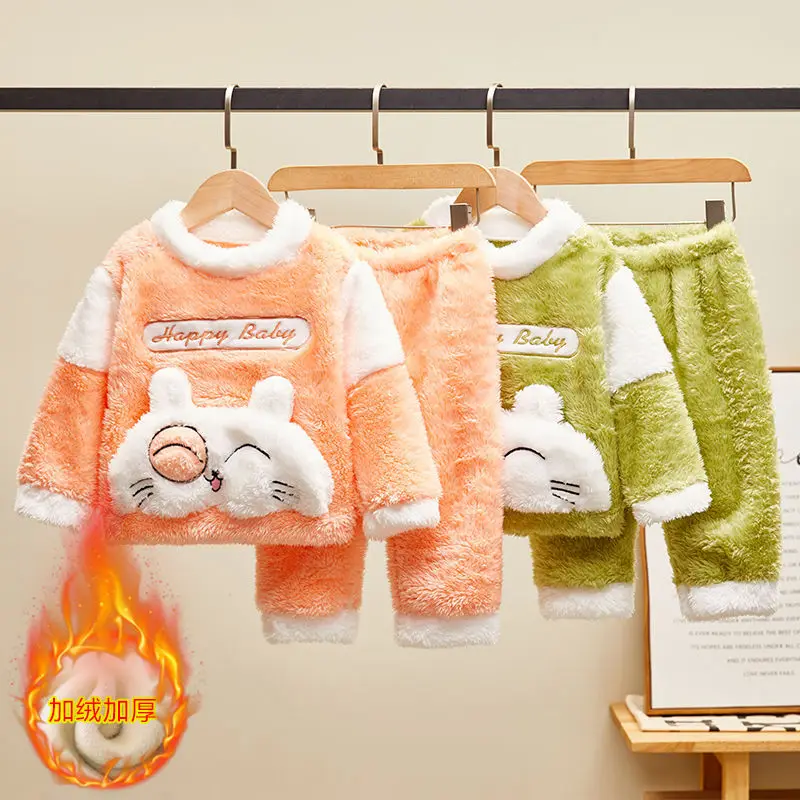 

Комплекты детской одежды, зимние теплые кашемировые и утепленные пижамы, Детская домашняя одежда, костюм для отдыха из двух предметов для мальчиков и девочек