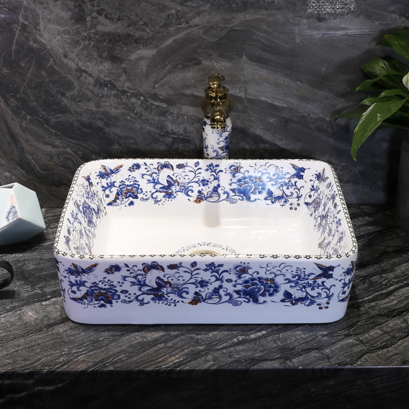 

Rectangle Blue And White Flower Conventional Wash Shampoo Toilet Basin