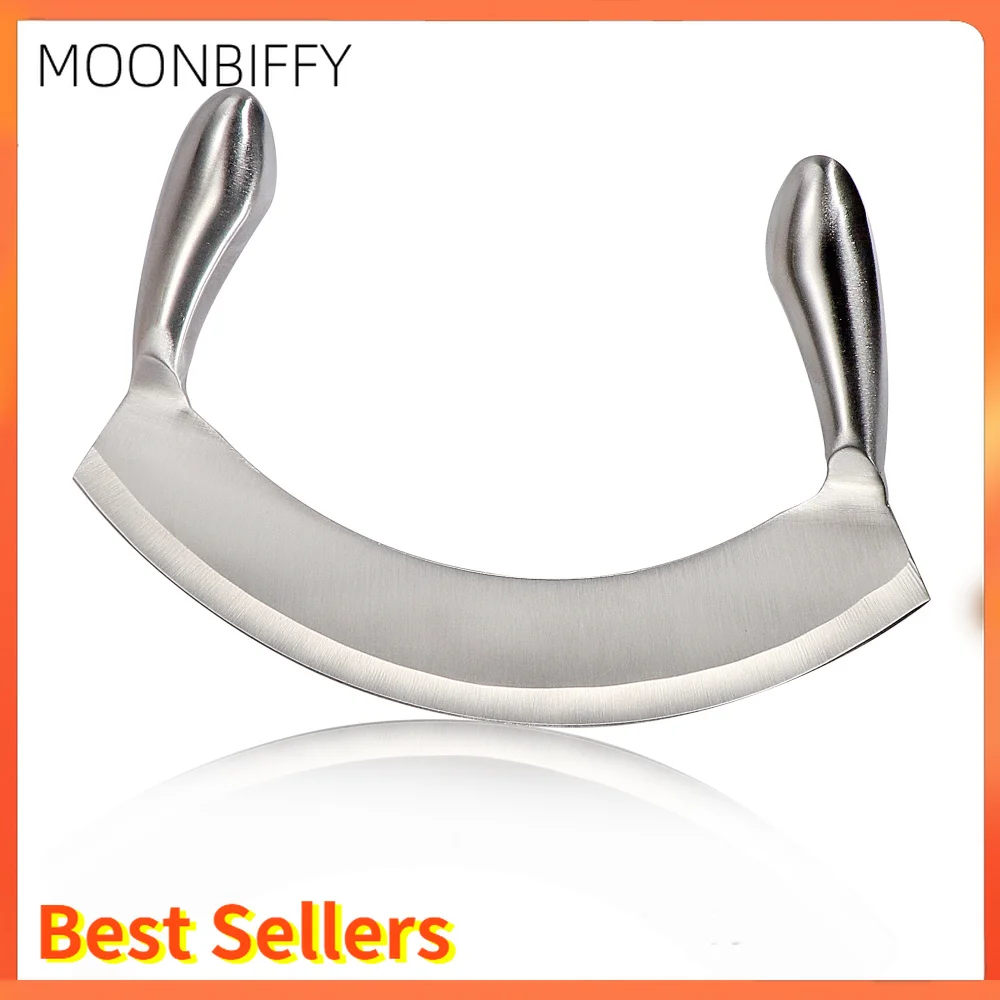

8.5 Inch Stainless Steel Mezzaluna Knife Pizza Cutter Fruit Vegetable Salad Chopper Dicer With Curved Blade Kitchen Herb Mincer