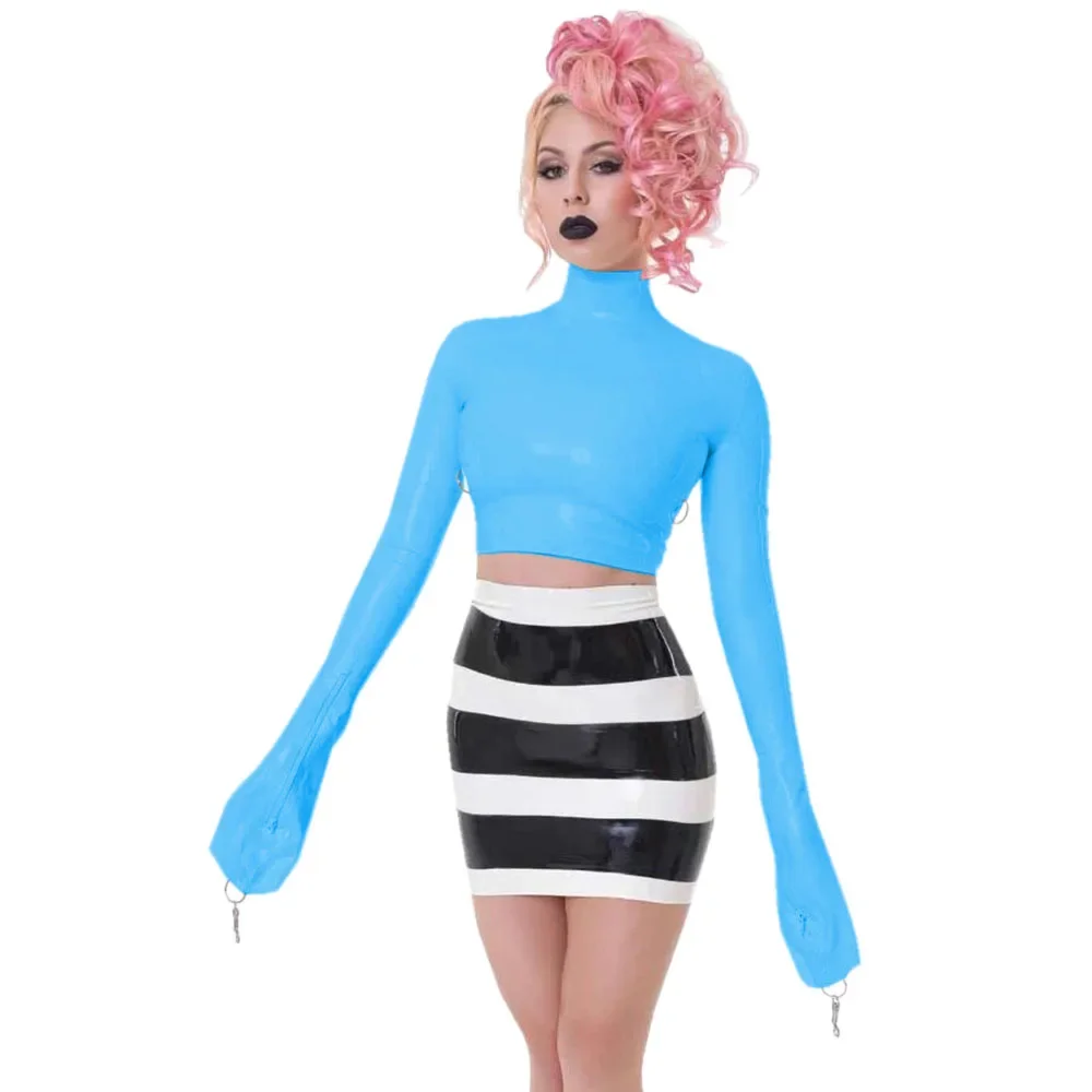 

Пикантные укороченные топы с длинным рукавом с пальцами и высоким воротником, облегающие кожаные короткие рубашки из ПВХ, виниловый пикантный топ с замком и ключом для ночного клуба