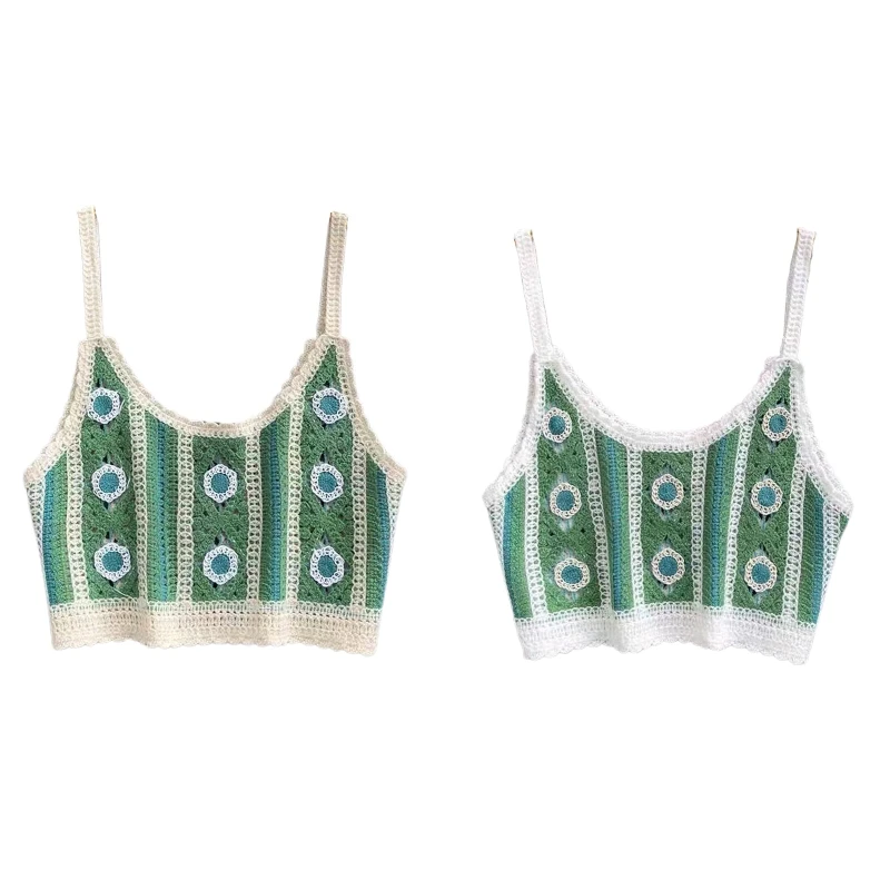 

Women's Knitted Tank Tops Fashion Embroidery Short Tops Chic Sleeveless Vest Boho Summer Hollow out Crop Tops for Daily