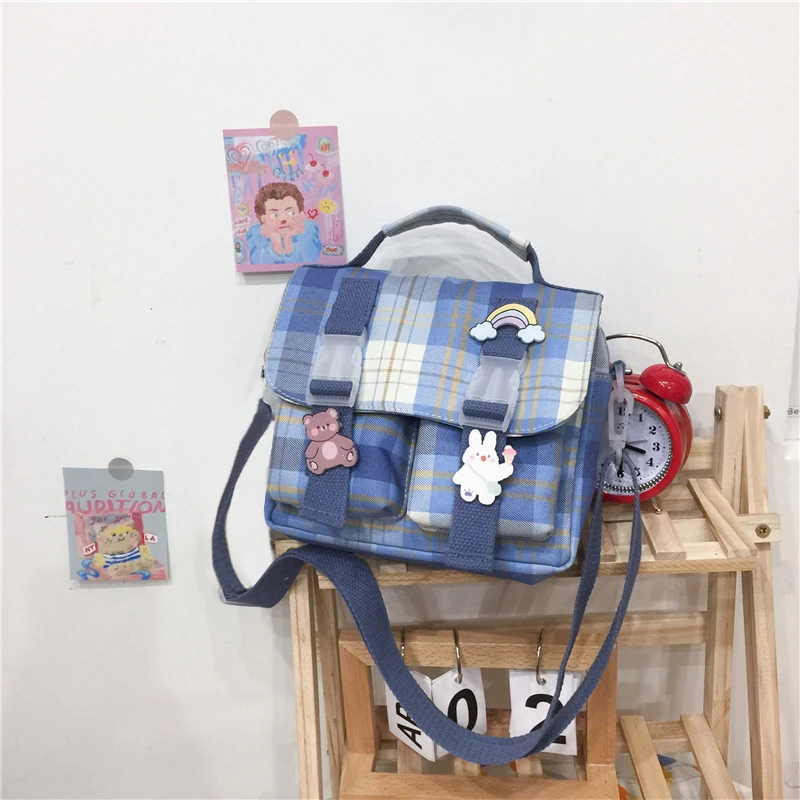 

Shopper Bag for Women Nylon Tote Bag 2023 Girls Fashion Cute Japanese Jk Style Color Contrast Plaid Stripe Handbag Crossbody Bag