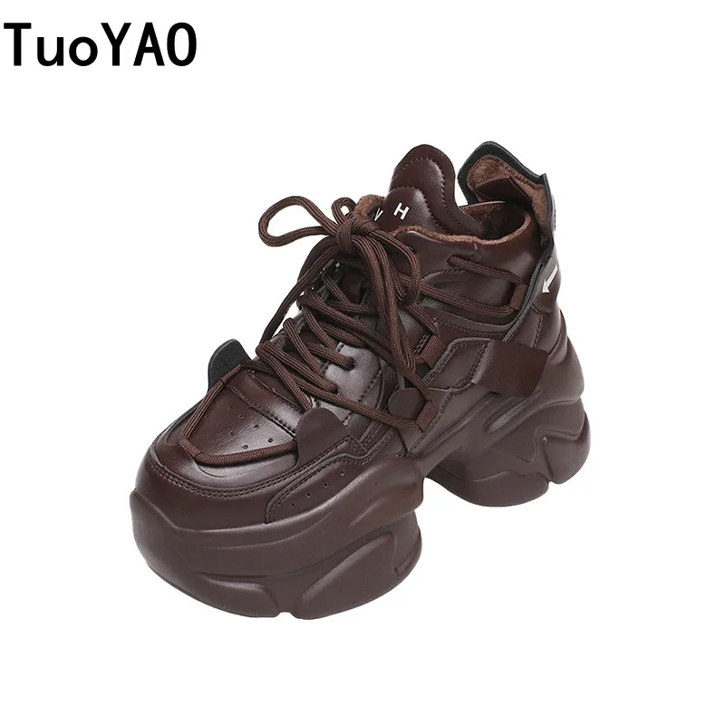

New Women Lace-up Chunky Leather Sneakers 8CM High Platform Ulzzang Sports Shoes Autumn Breathable Thick Bottom Casual Dad Shoes