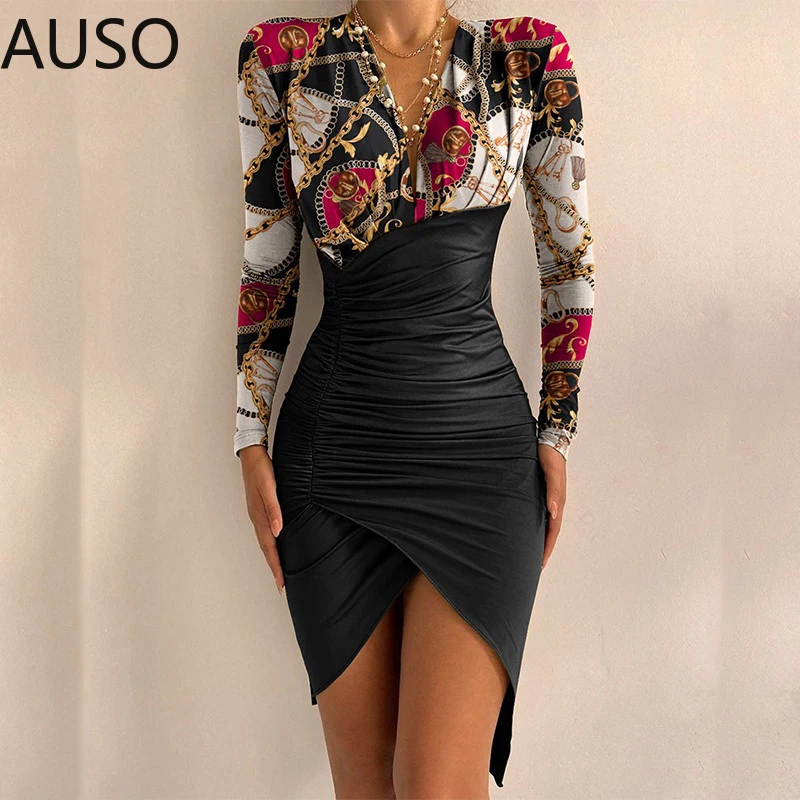 

Retro Pattern Printed Pleat Slim Bodycon Dress Autumn Sexy V Neck Wrap Irregular Party Dress 2022 Spring Long Sleeve Women Dress