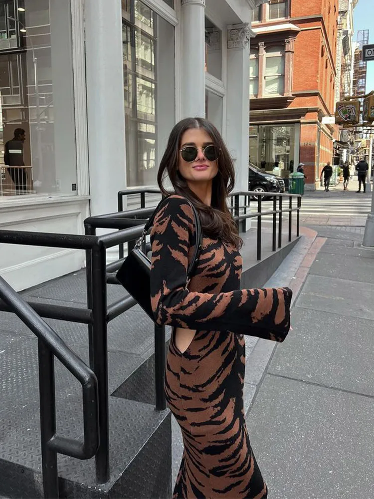 

Fashion Women's Leopard Pattern Knitted Dress Sexy Hollow Out Long Sleeve Autumn Robes Elegant Office Ladies Street Clothing