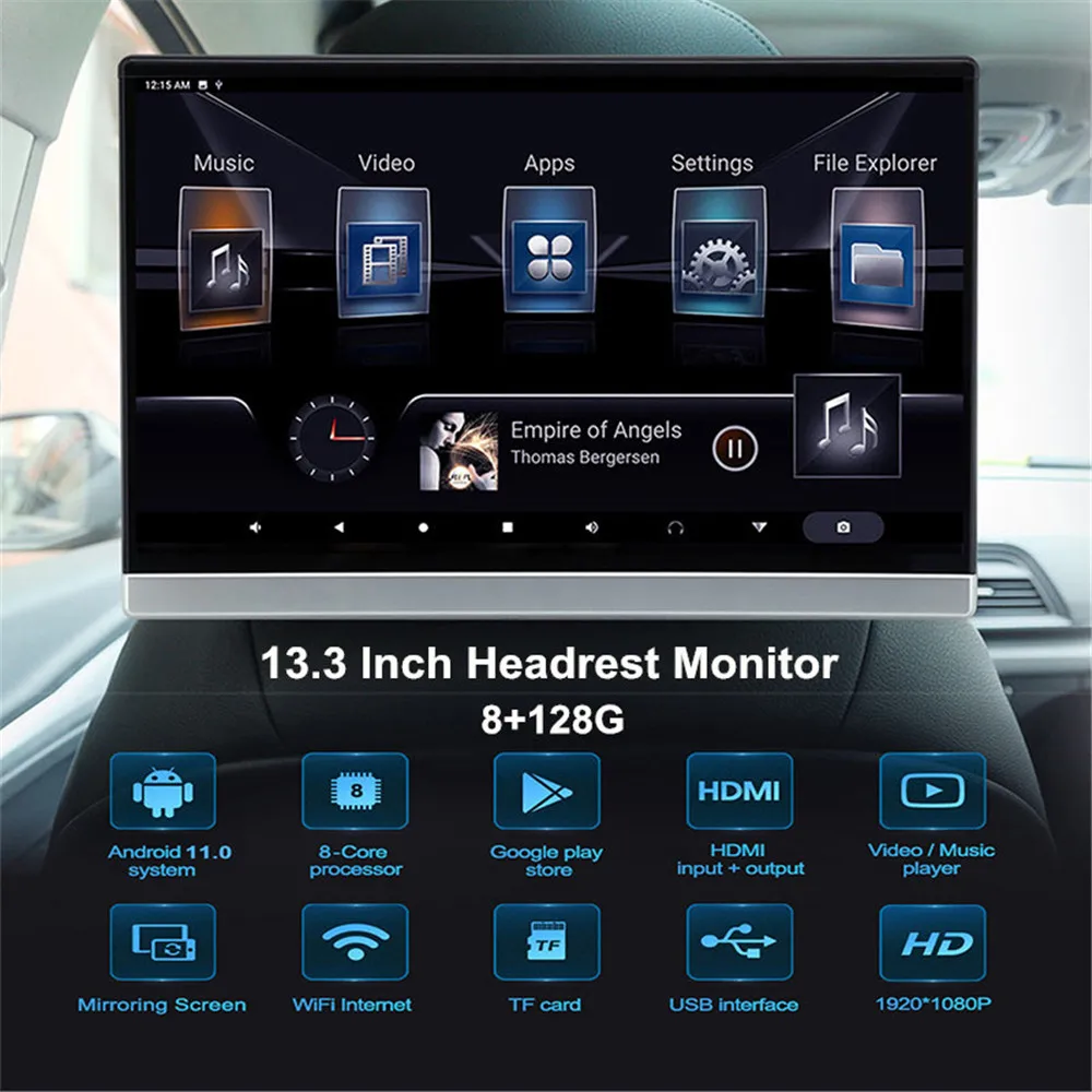 

13.3 Inch Car TV Headrest Monitor Android 11.0 4K 8+128G Video Player 1080P Touch Screen WIFI/Bluetooth/USB/SD/HDMI in+Out/FM