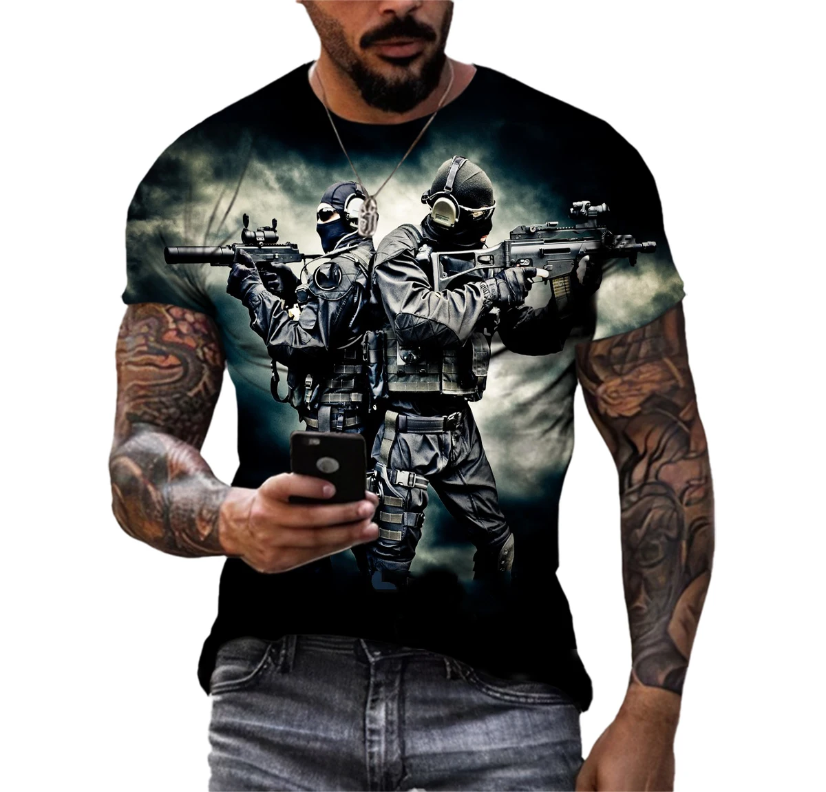 

Classic Shooting Game Special Forces Pattern Veterans Summer Men's T-Shirt Personality Outdoor Sports Quick Dry O-Neck Shirt