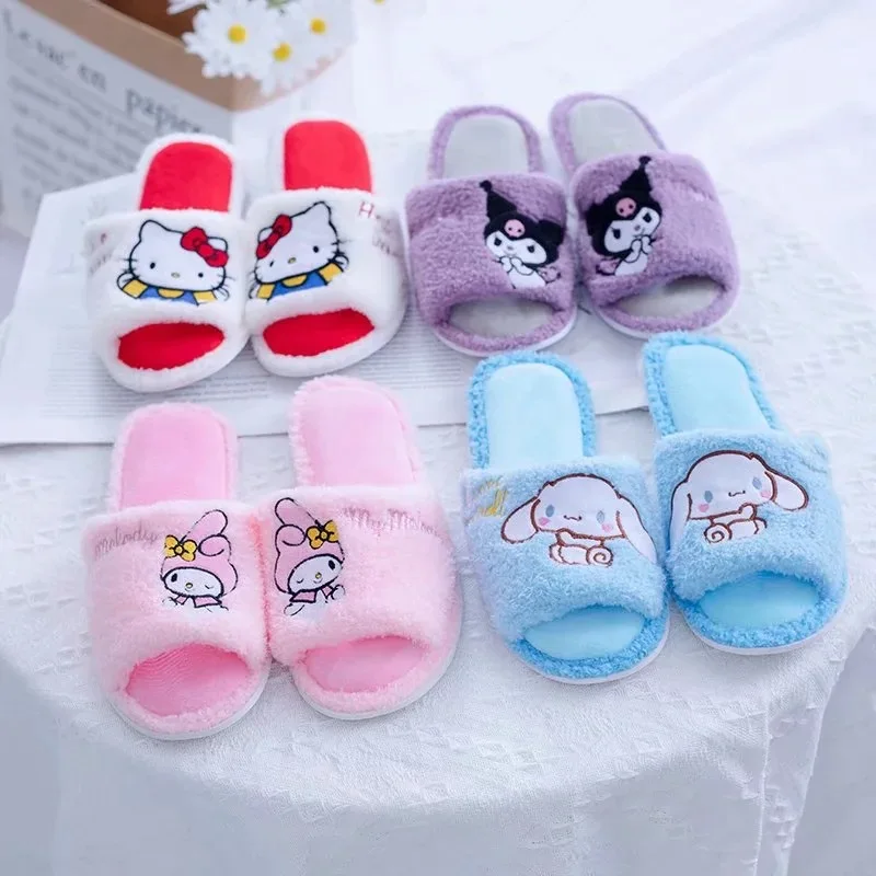 

Kawaii Sanrios Cartoon Mymelody Kuromi Cinnamoroll Kt Cat Plush Dormitory Floor Slippers Plush Slippers Home Shoes Thermal Shoes