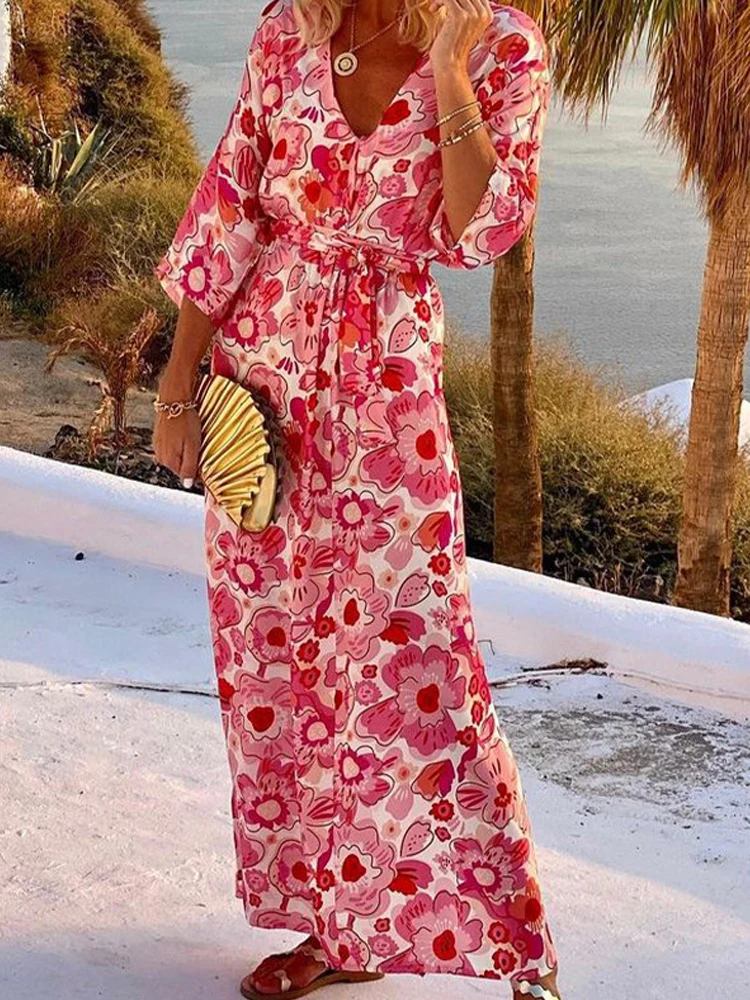 

Богемное модное шикарное платье макси 2023 весна/осень Женское Повседневное платье А-силуэта Элегантные Платья с цветочным принтом три четве...