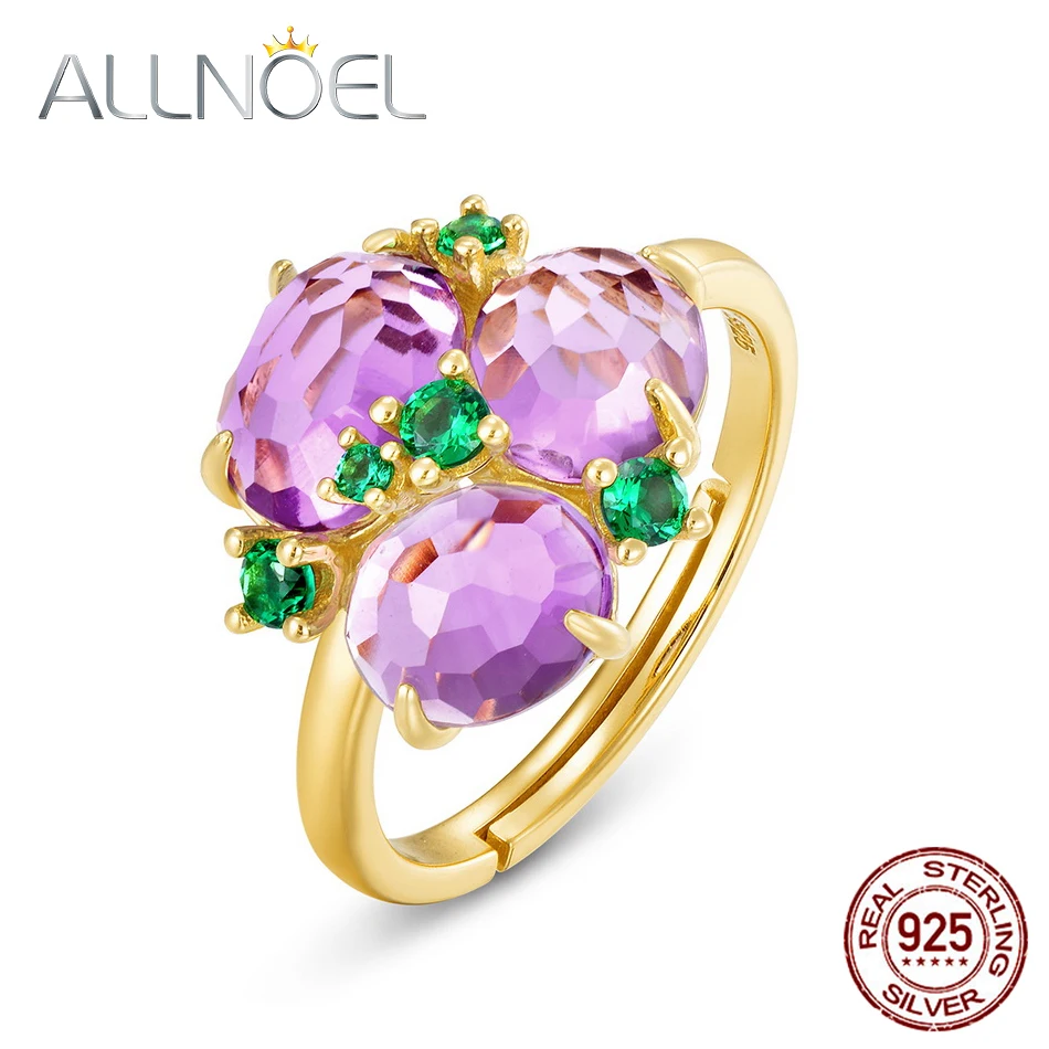 

ALLNOEL 100% 925 Sterling Silver Rings For Women Exquisite Synthetic Amethyst Nano-green Zircon Adjustable Rings Party Jewelry