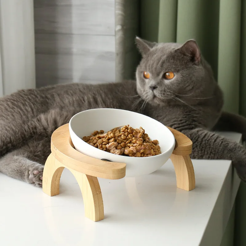 

Cat food Bowls Pet Drinking Bowl Ceramic pet bowl Wooden Stand High Oblique Mouth Anti-overturning Cat Water Bowl Pet Supplies