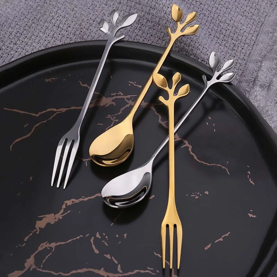 

Leaf Metal Coffee Spoon And Fork Stirring Spoon Fruit Fork Dessert Ice Cream Scoop Fork Teaspoon Kitchen Accessories