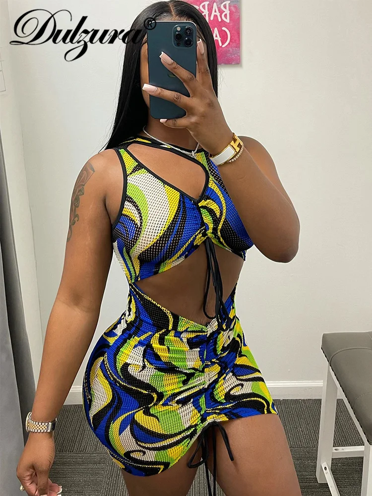 

Dulzura Summer Women Sexy Y2K Clothes Floral Tie Dye Print Lace Up Hollow Out Sleeveless Bodycon Mini Dress Outfits Club Party