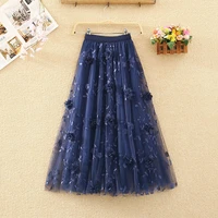 elegant fashion appliques embroidery mesh pleated skirt office lady commute all match elastic high waist aesthetic ankle skirts