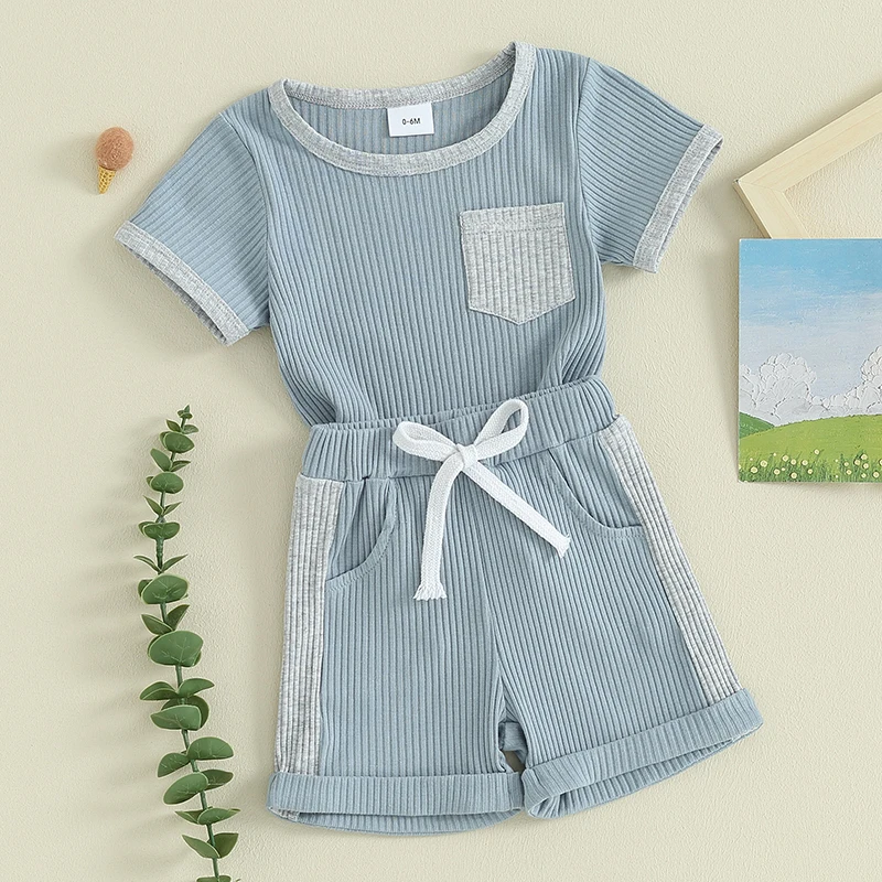 

Baby Boy Summer Outfits Patchwork Ribbed Crew Neck Short Sleeve T-Shirts Elastic Waist Shorts Suit