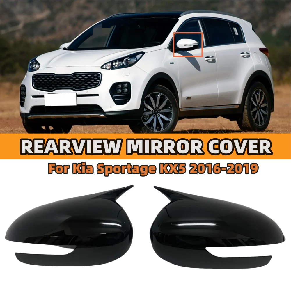 Фото Пара автомобильных боковых крыльев, крышка зеркала заднего вида для Kia Sportage KX5 2016 2017 2018 2019, колпачки для зеркал с звуковым сигналом, глянцевый черный/углеродное волокно №1