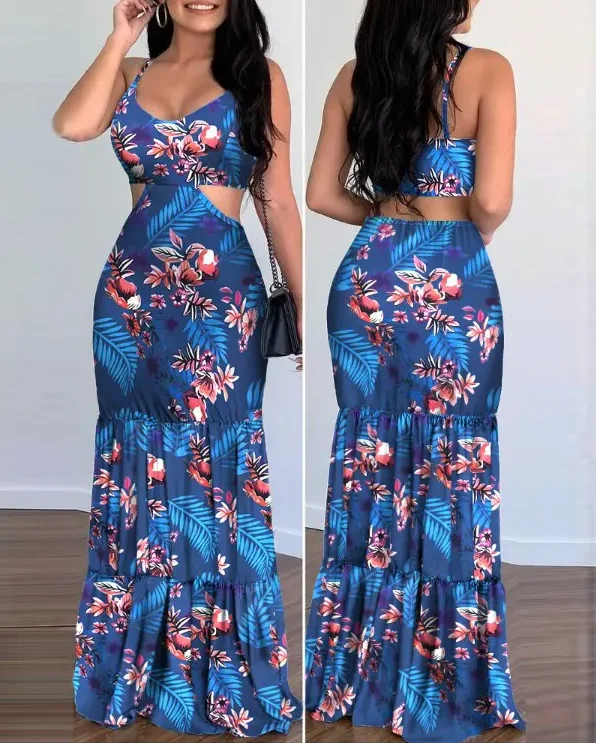 

2022 Summer Woman Casual Chic Low Cut Tropical Print Spaghetti Strap Cutout Ruffle Hem Maxi sleeveless Vacation Dress