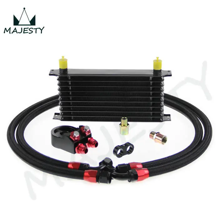 

Universal 10 Row 262mm AN10 Engine Transmission Oil Cooler Trust Type + Aluminum Filter Adapter Kit Silver/Blue/Black