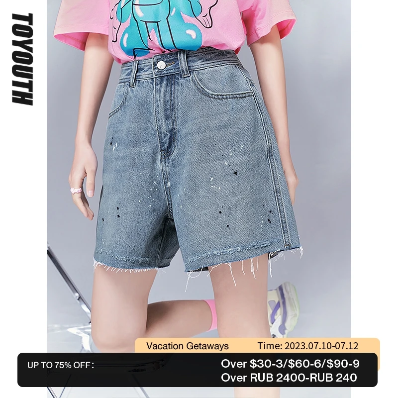 

Toyouth Women Jeans 2022 Summer Middle Waist Straight Trouser Pure Cotton Casual Chic Washed Denim Shorts