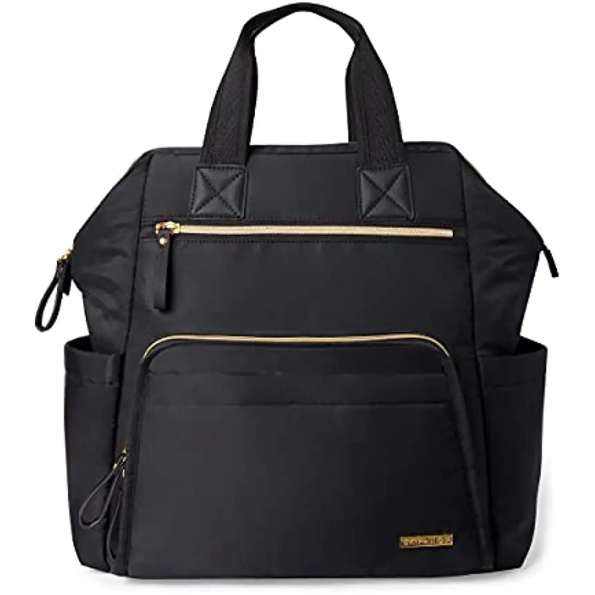 

Diaper Bag Backpack: Mainframe Large Capacity Wide Open Structure with Changing Pad & Stroller Attachement, Black with Gold Trim