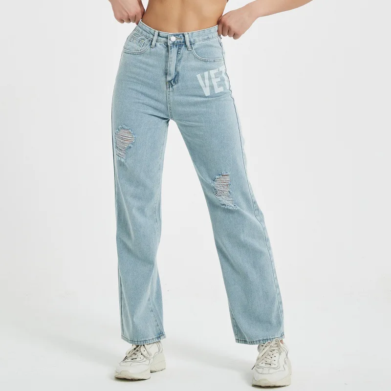 

Streetwear Ripped Jeans Women Straight Casual Pants High Waist Denim Trousers