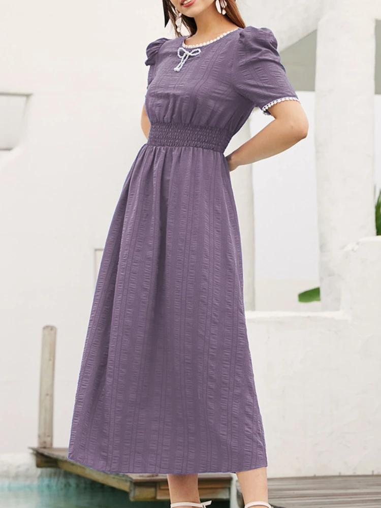 

Summer Casual Bow Elegant Midi Dress Women Vintage Puff Sleeve Elastic Waist Dress Female Designer Chic Temperament Dresses 2022