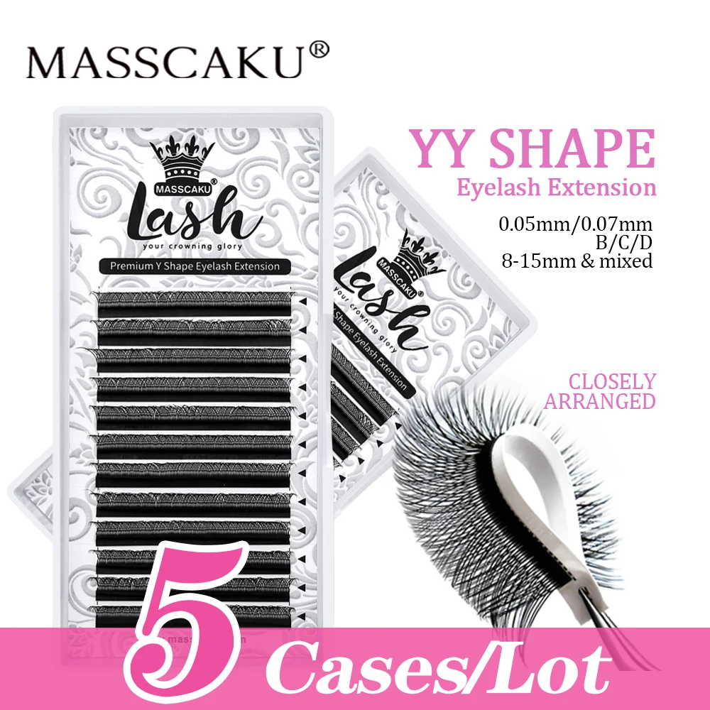 

MASSCAKU 5Trays YY Shape Two Tips Eyelashes Extensions High Quality Natural Soft Black Premade Fan Faux Mink Lash