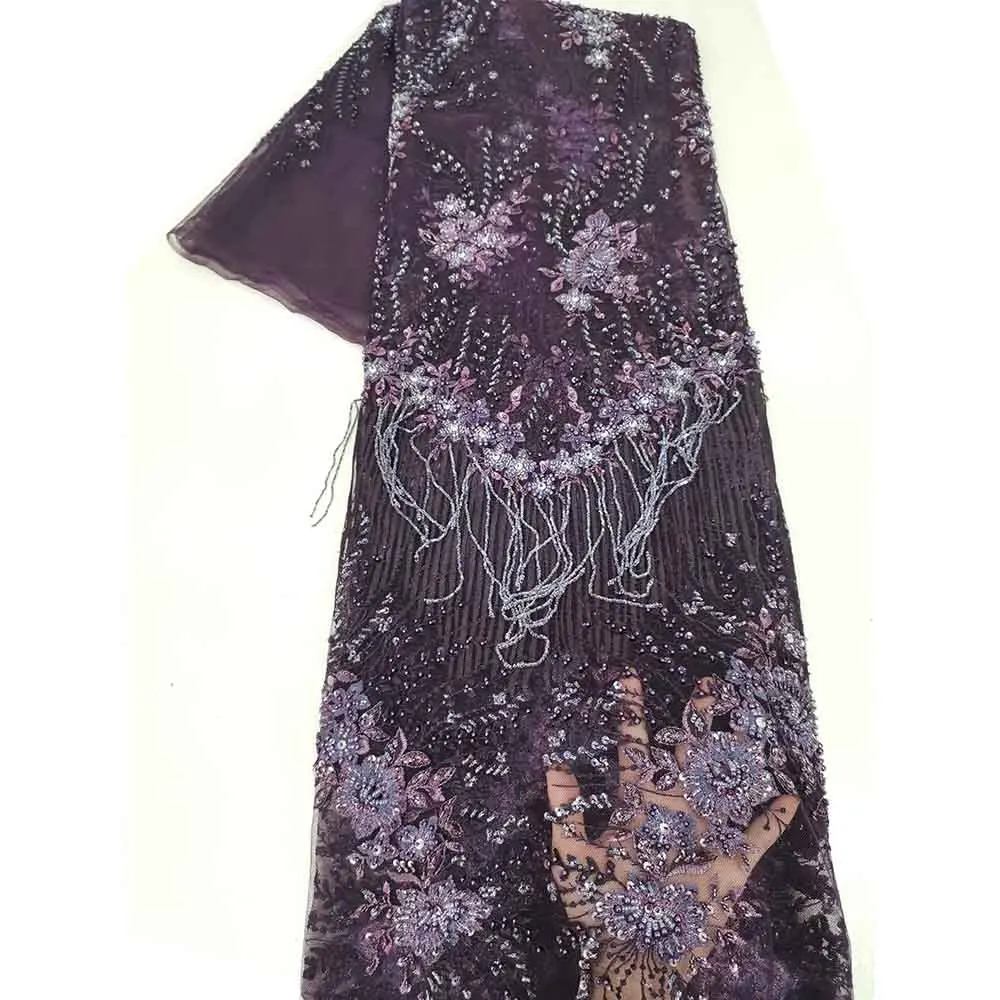 

Purple/Black/Brown/Gray/Khaki African Luxury Quality Tassel Embroidery Guipure Lace Fabric Handmade Beaded Tulle Mesh for Dress