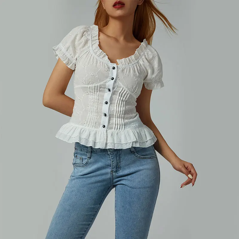 

Новинка, Y2K, милая стильная футболка с U-образным вырезом и коротким рукавом, с завязкой на спине, белый топ с оборками