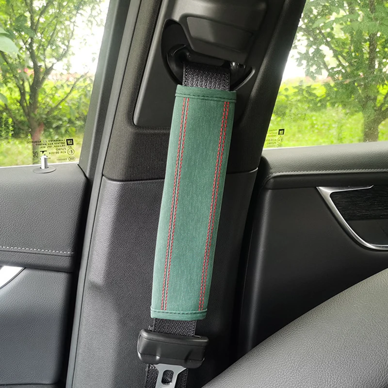 

2pcs Car Seat Belt Cover Vintage Pu Leather Green Safety Belt Shoulder Cover Breathable Seat Belt Pad Auto Interior Access