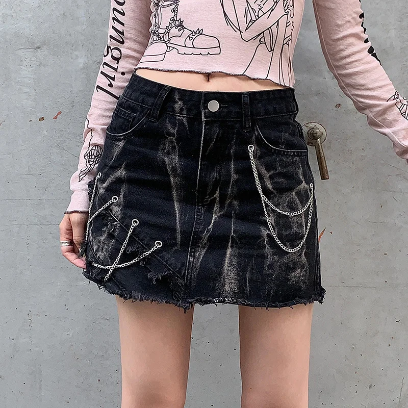 

2023 Chain Tie Dyed Denim Short Skirt for Women with American Spicy Girls Made Old Style Individualized Fur Bottom Wrapped Hip S