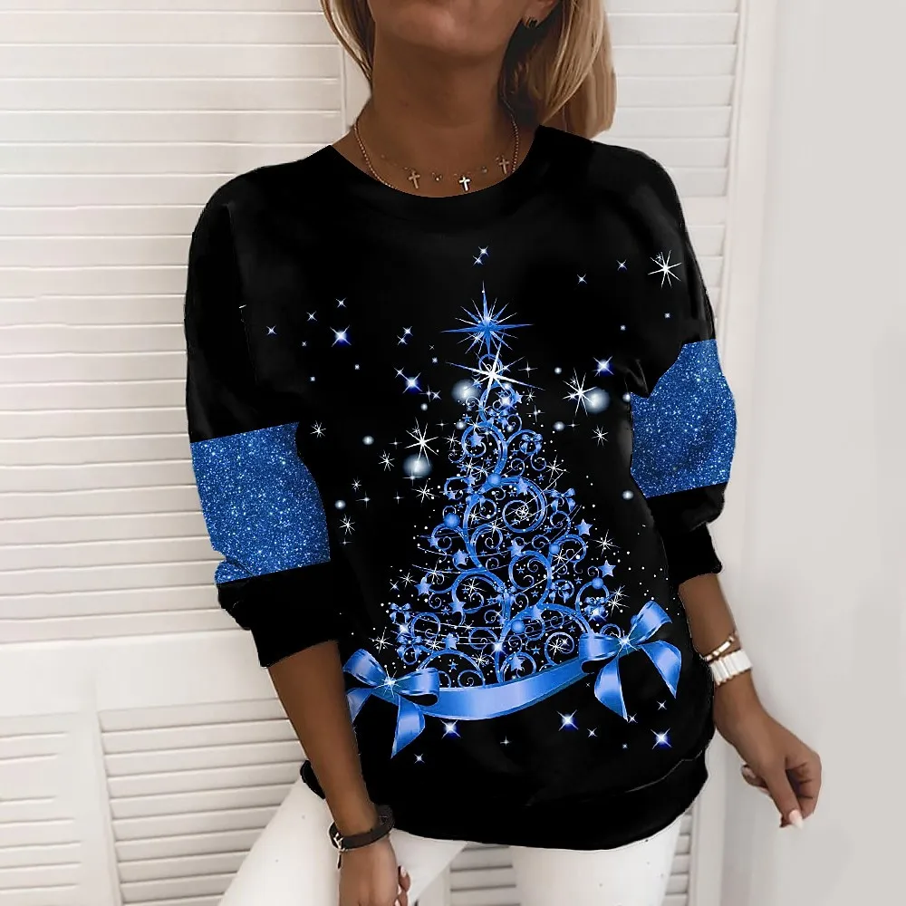 2022 New Winter Jumper Christmas Trees Print Tops Vintage Long Sleeve Women O-Neck Pullover Vintage Loose Size Christmas Sweater