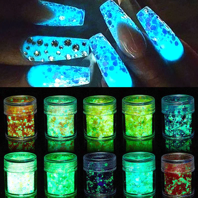 

24 Colors Luminous Nail Glitter Powder Mixed Glowing Neon Sequins Nail Powder Glow In The Dark Fluorescent Hexagon Nail Flakes