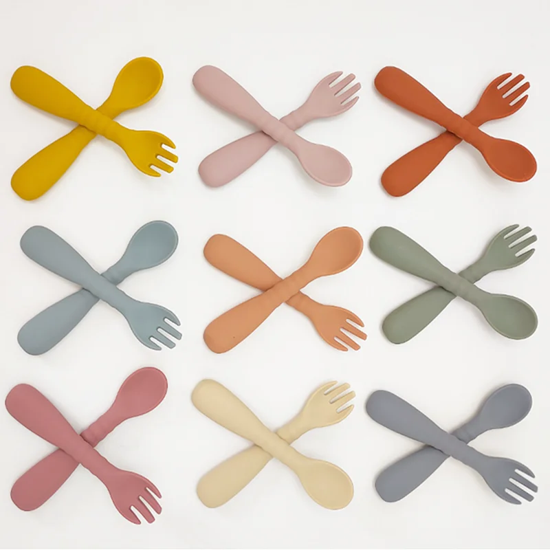 

2Pcs/Set Silicone Baby Feeding Spoon Fork Set Solid Color Baby Soft Training Food Tableware Toddlers Infant Utensils