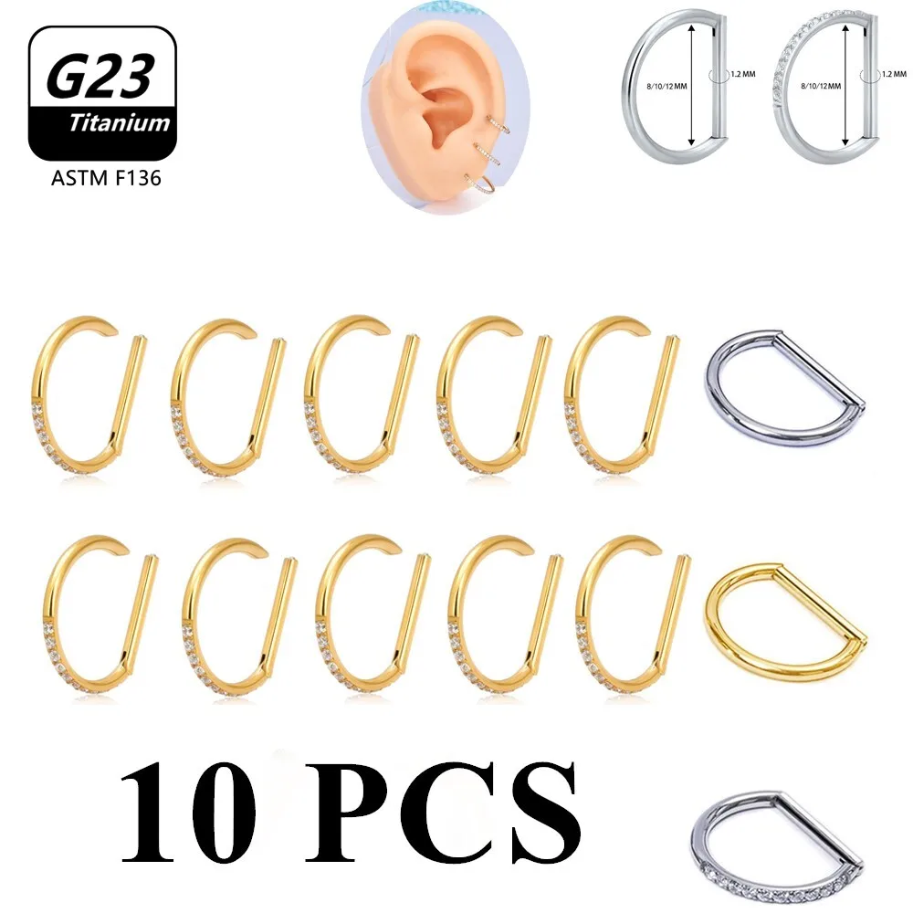 

10pcs G23 Titanium Piercing Jewelry 16g 8/10/12mm Nose Ring Half CZ Paved D Shape Segment Clicke Cartilage Tragus Helix Lip