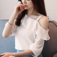 new off the shoulder short sleeved chiffon shirt female ruffled collar solid color sweet blouse tops
