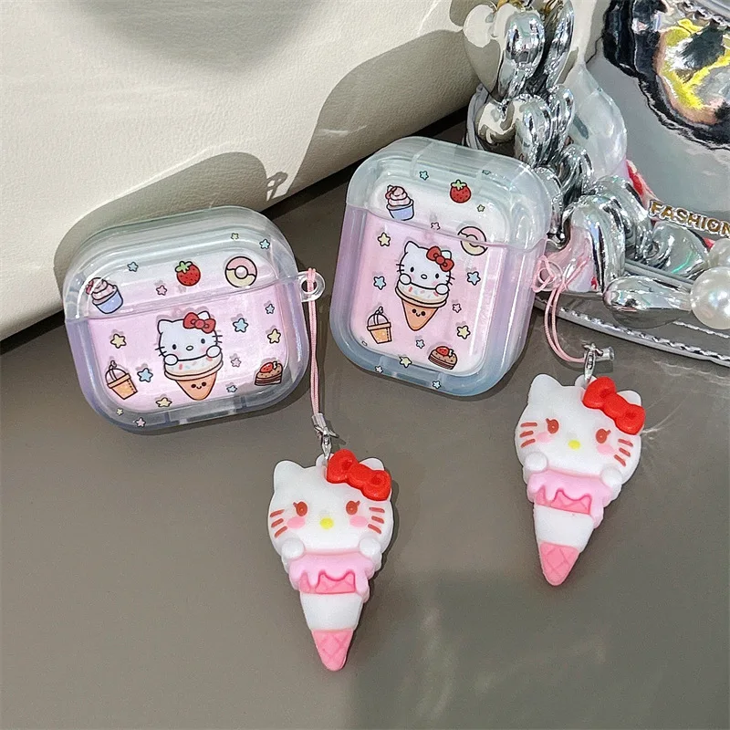 

Чехол для беспроводных наушников Sanrio с милым мороженым Hello Kitty Bluetooth чехол для AirPods 1 2 3 Pro 2 чехол Аксессуары для наушников IPhone