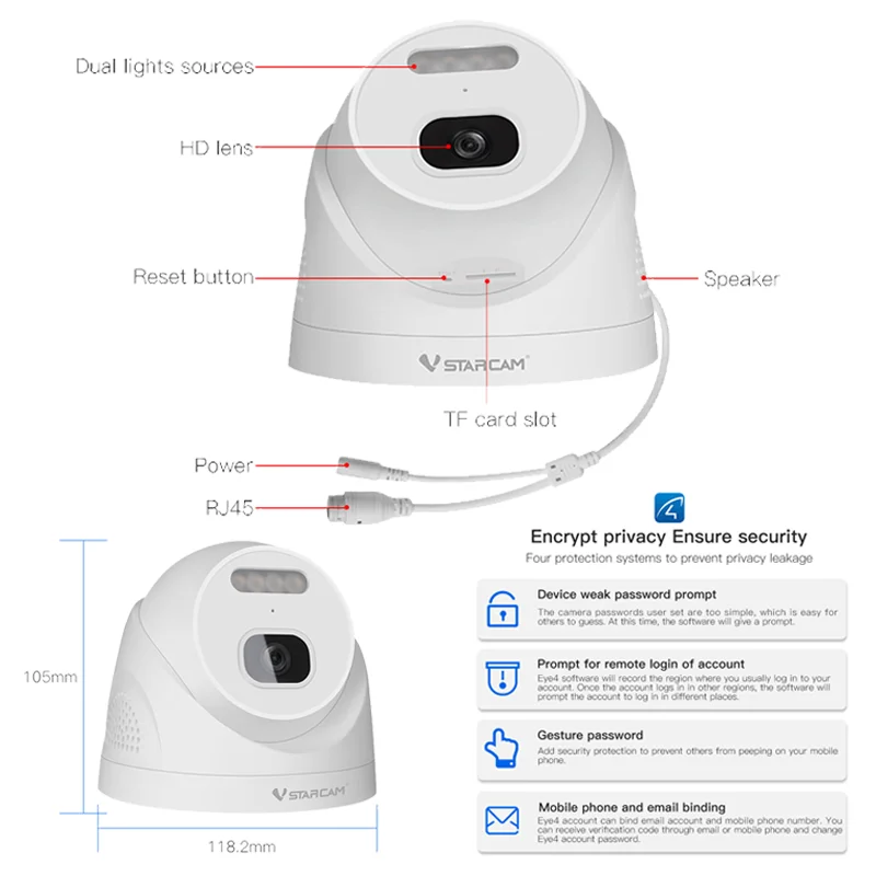 2023 Внутренняя камера Vstarcam Dome POE IP Smart Dual Light 3MP Full Color H.265 2-Way Audio CCTV для домашней безопасности.