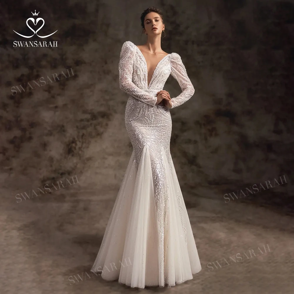 

V-neck Mermaid Wedding Dress 2023 Long Sleeve Backless Court Train Princess Bride Gown SwanSarah W242 Plus Size Vestido De Novia