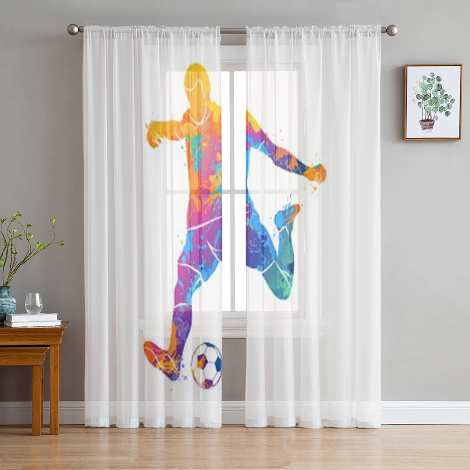 

Soccer Players Sport Team Play Splash Ball Chiffon Sheer Curtains for Living Room Bedroom Decoration Window Voiles Tulle Curtain
