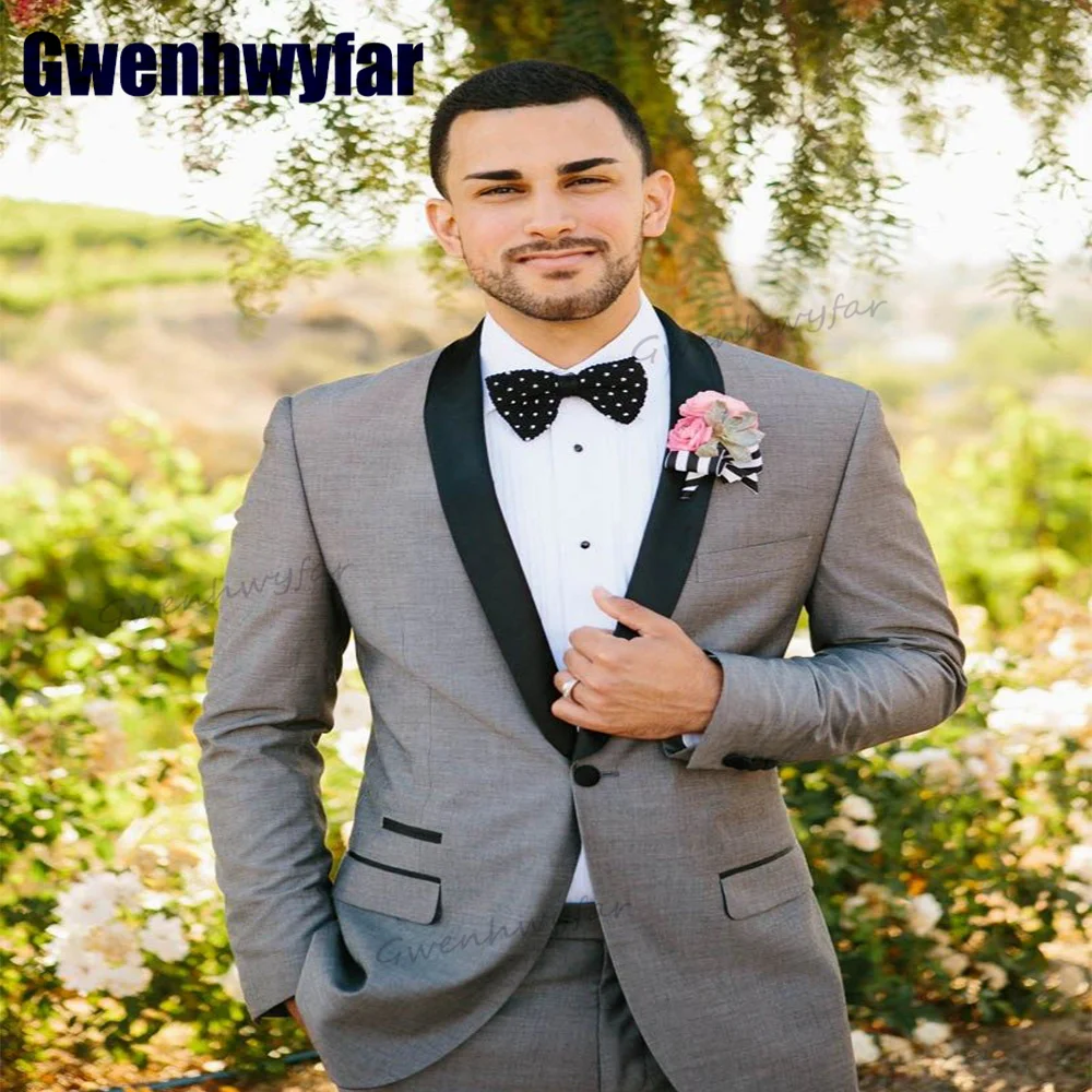 

Классические Серые Мужские свадебные смокинги Gwenhwyfar, смокинги для жениха с лацканами, элегантные комплекты пиджаков, мужской деловой костюм для выпускного вечера (Блейзер + брюки)