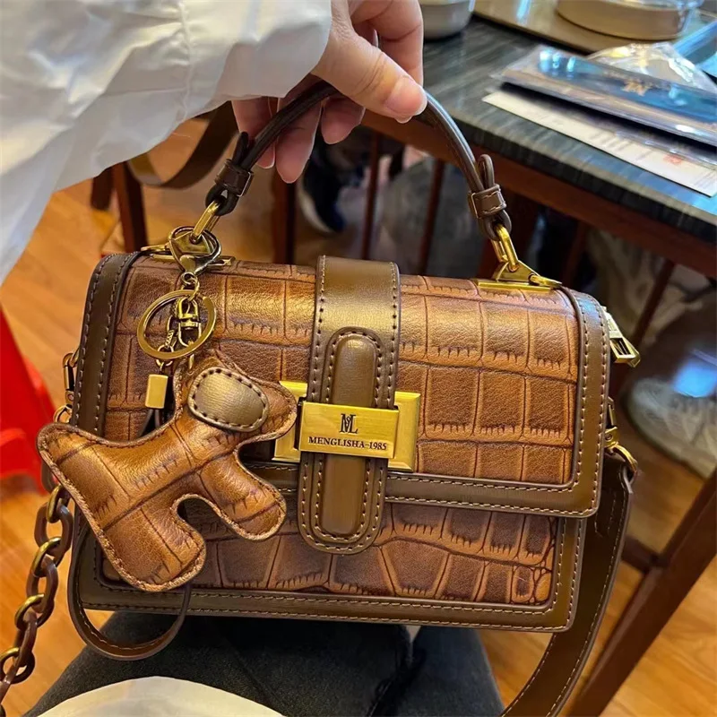 Luxury Stone Pattern Contrast Small Square Bags Women's Bag 2023 New Versatile Handbag Single-shoulder Satchels Sac