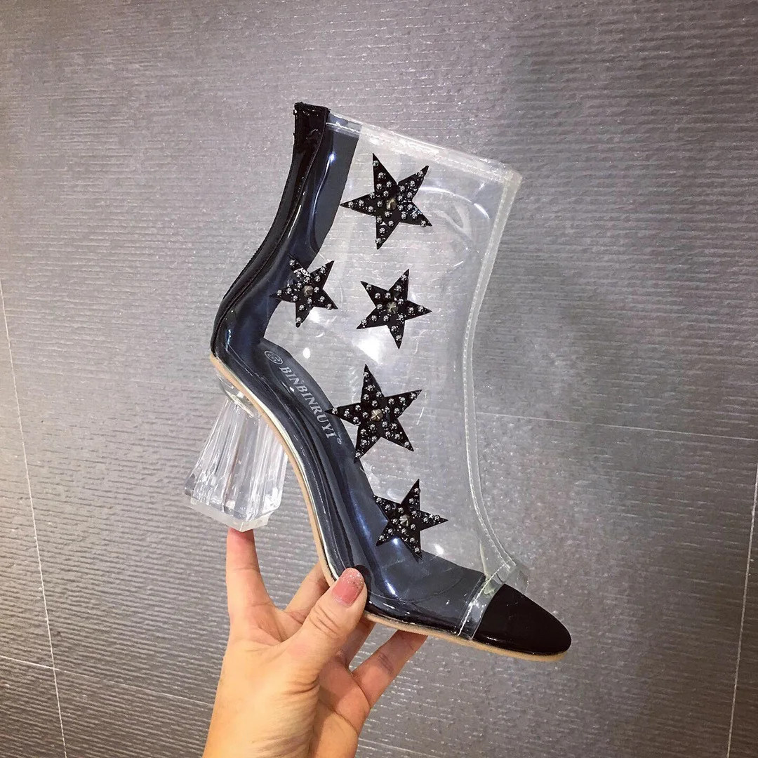 

comemore Women's Sandals Boots Zipper Peep Toe Crystal Heel Transparent PVC High Heels Rain Boots Women Shoes Clear Star Sequins