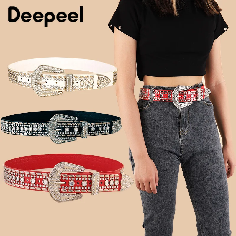 

1Pc Deepeel 105cm Vintage Rivet Women Belt Rhinestone Decorative Pin Buckles Belts Fashion Corset Luxury Wide Leather Waistband