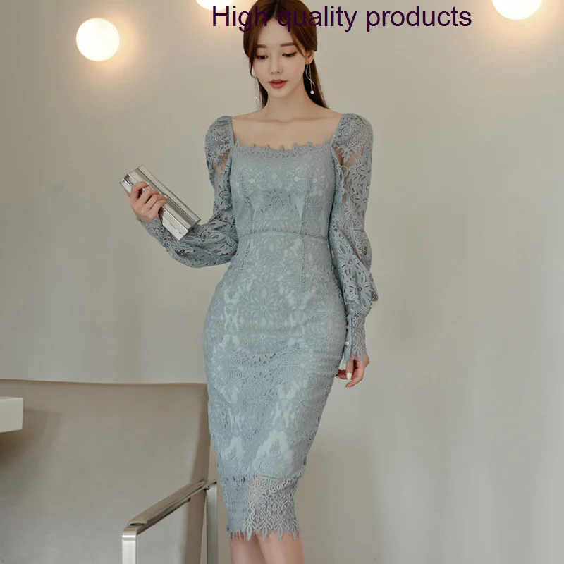 

And Spring Summer New Women'S 2023 Square Neck Lantern Slim Long Sleeve Skinny Buttock Wrapped Solid Lace Dress