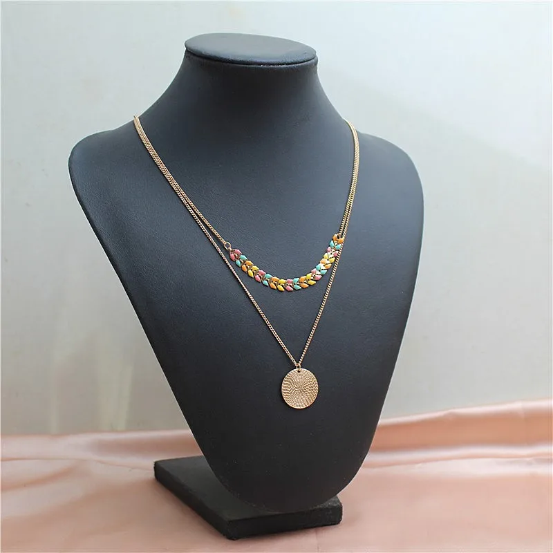 

New double layer necklace geometry disc drop color drop glaze simple atmosphere fashion female clavicle chain