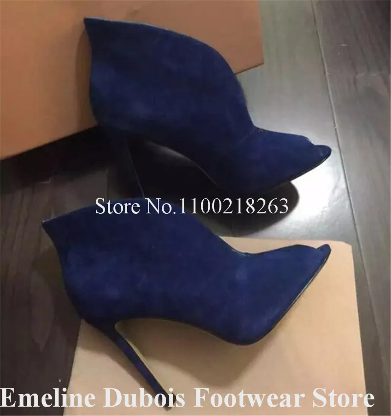 Shallow Short Boots Emeline Dubois Brand Peep Toe Silver V-cut Stiletto Heel Ankle Booties Slip-on High Heels Big Size Heels