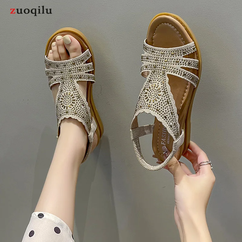 

Shiny Crystal wedge Ladies sandals ins tide all-match elastic band Roman ladies shoes Rhinestone flat sandals Zapatillas Mujer