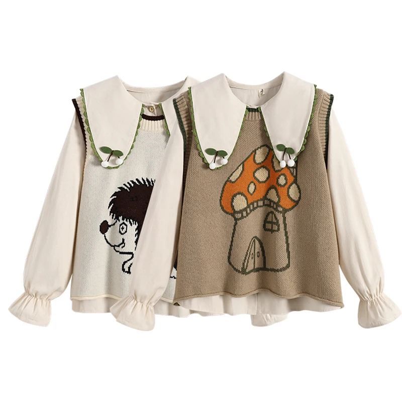 Sweet Japan fashion Design Sense Stacked Sweater vest Doll Collar Long sleeve Shirts Women Spring 2023 New Two-piece Set