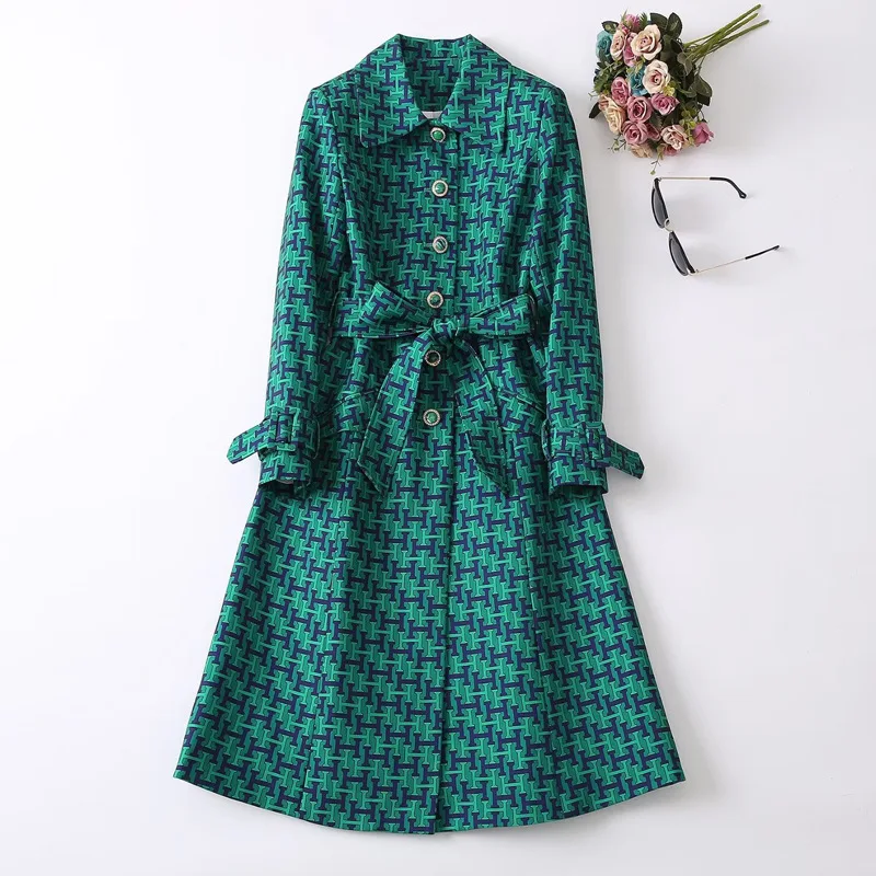 

Retro style single-breasted green lettering print long-sleeved trench coat women's new autumn and winter 2022